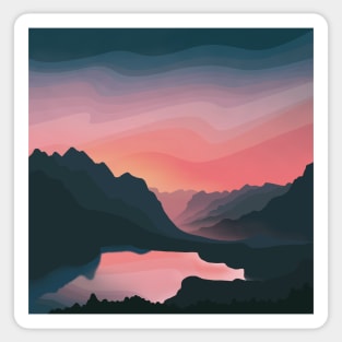 Warm Red Sunrise Beyond Hills Landscape Digital Illustration Sticker